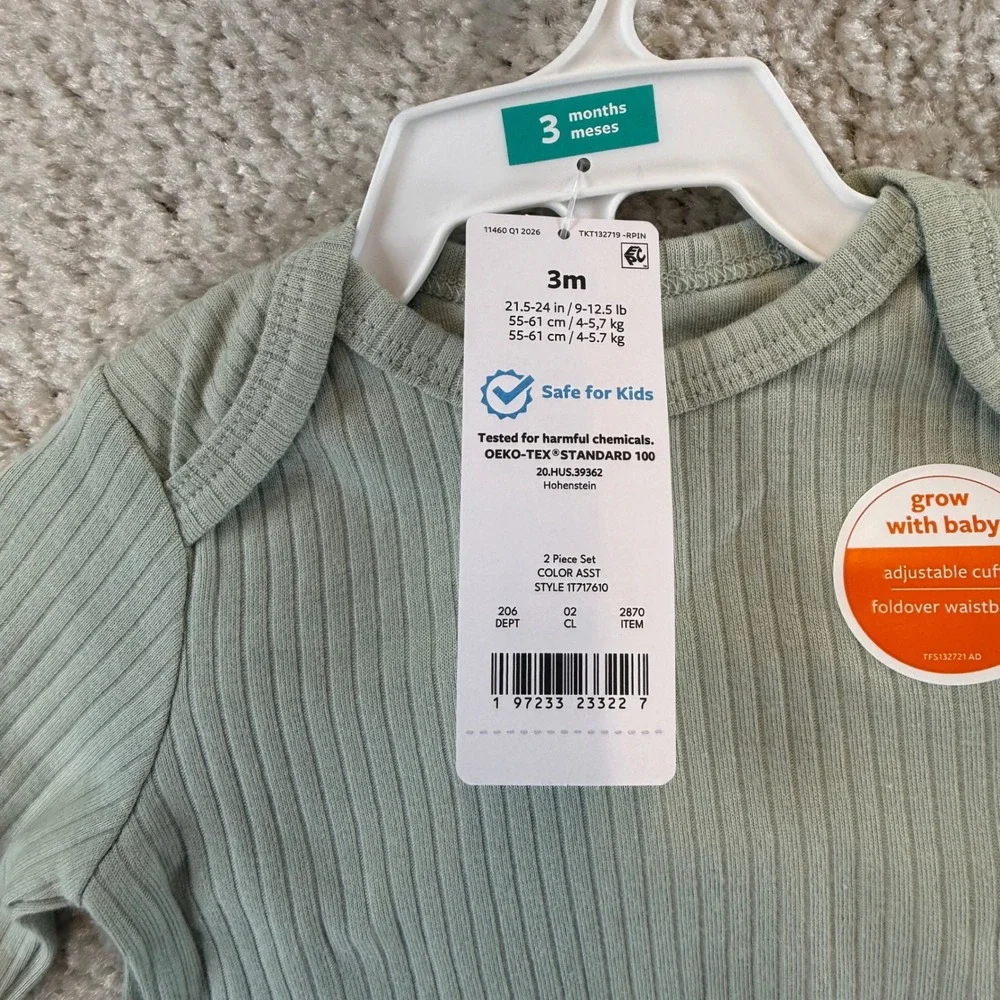 Carters Just One You Sage Green Ribbed 2-Piece Set 3M Grow With Baby 1T717610